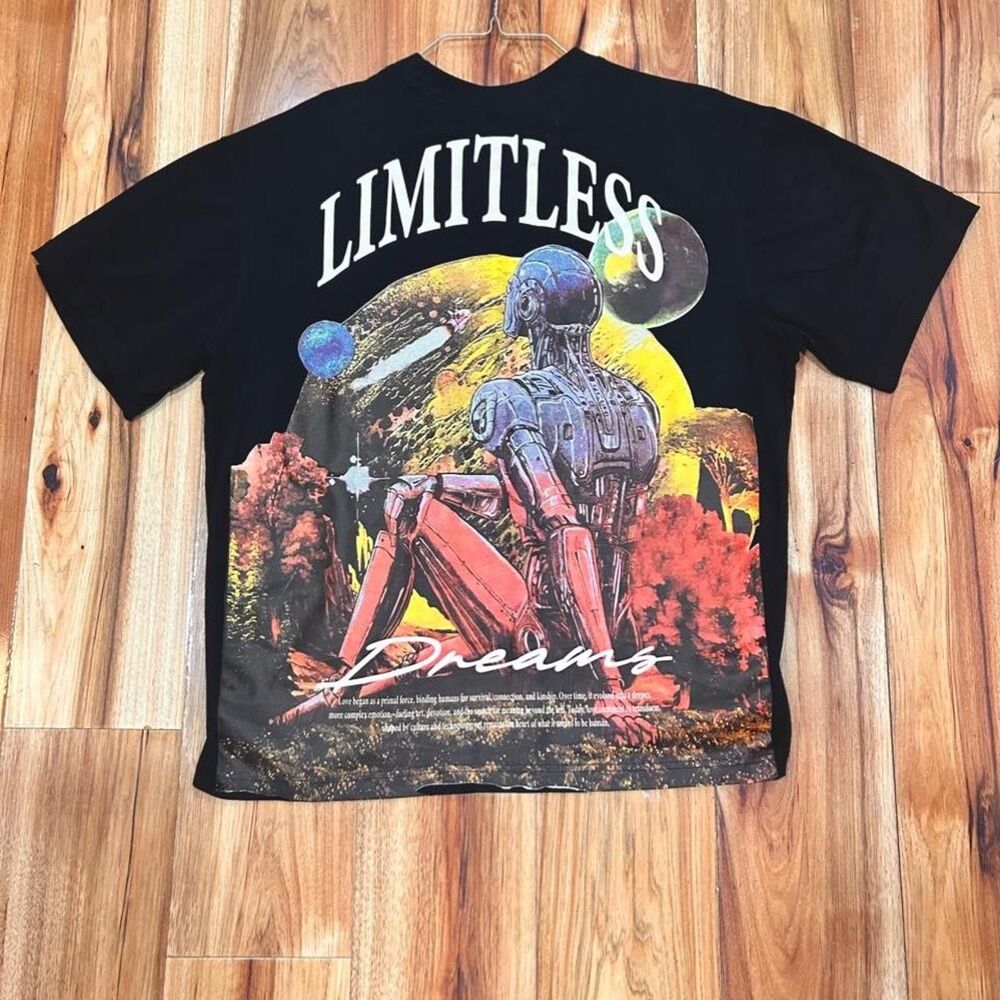 Limitless Dreams Cyberpunk Mech Robot Graphic T Shirt Mens Large Black Y2K